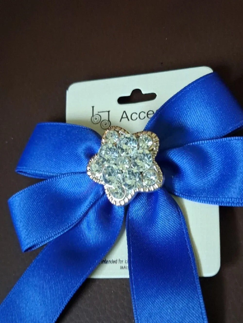 Cobalt Blue Satin Bow Brooch with Crystal Flower Center